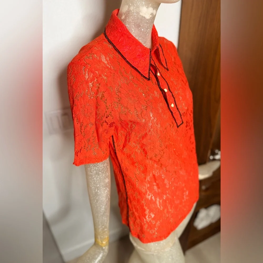 ❤️No. 6 Store Diedre Red Lace Polo Shirt w/ Button Down. Size Medium - Picture 6 of 11